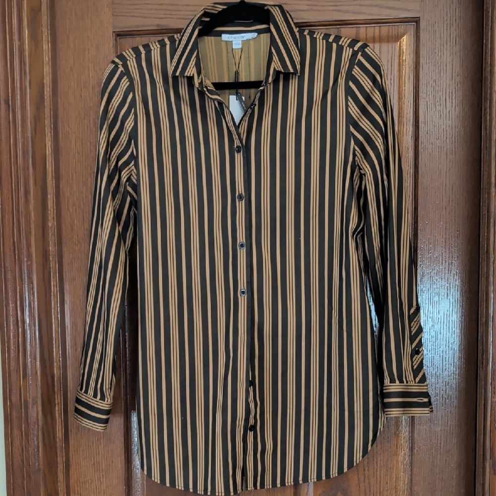 Chicos Black and Tan Vertical Stripe No Iron Shirt